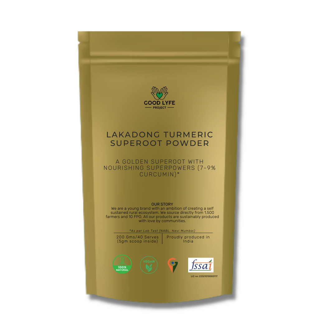 Buy Naturally sourced Lakadong Turmeric Powder for health immunity and high curcumin 200 gms front