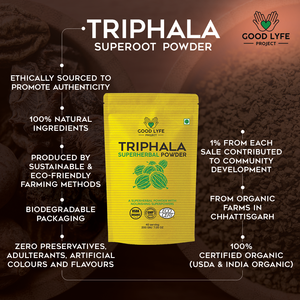 Buy Online Triphala Powder Certified Organic India made pack benefits infographics Good Lyfe Project
