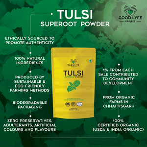 Buy Online Tulsi Powder Certified Organic India made Pack benefits infographics Good Lyfe Project