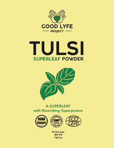 Buy Online Tulsi Powder Certified Organic India Made 200 gms pack front Label Design Good Lyfe Project