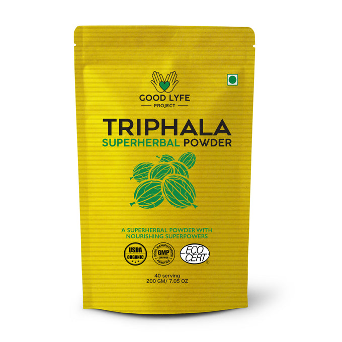 Buy Online Triphala Powder Certified Organic India Made 200 gms Good Lyfe Project Front Pack Shot