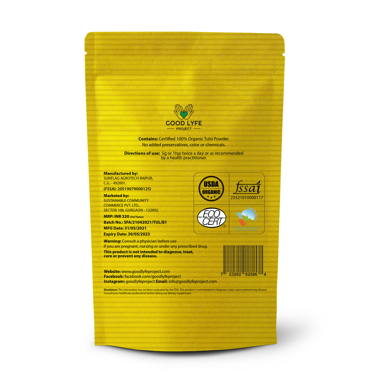 Buy Online Tulsi Powder Certified Organic India Made 200 gms pack back Good Lyfe Project