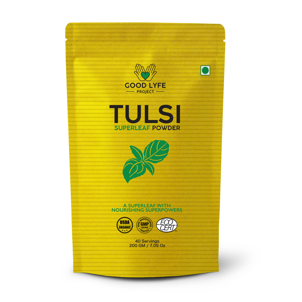 Buy Online Tulsi Powder Certified Organic India Made 200 gms pack front Good Lyfe Project